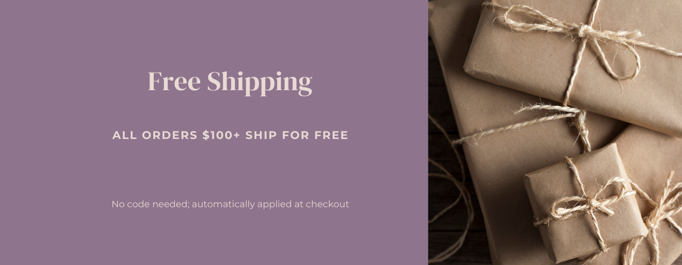 Promotional graphic with free shipping offer and wrapped gifts on a purple background