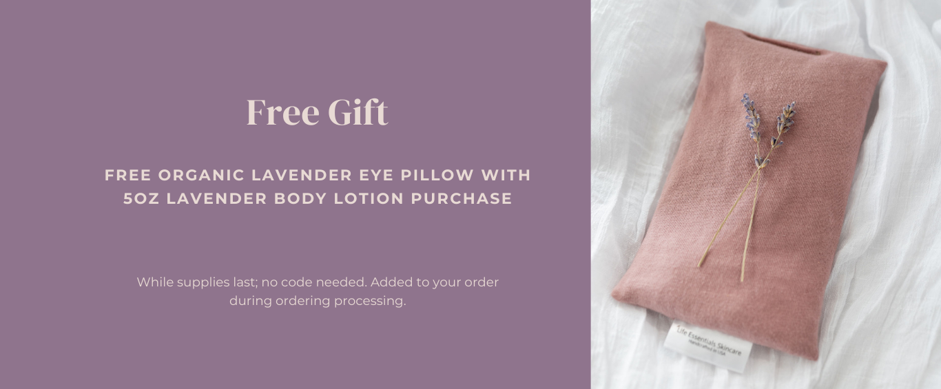 Free organic lavender eye pillow offer with text on a purple background